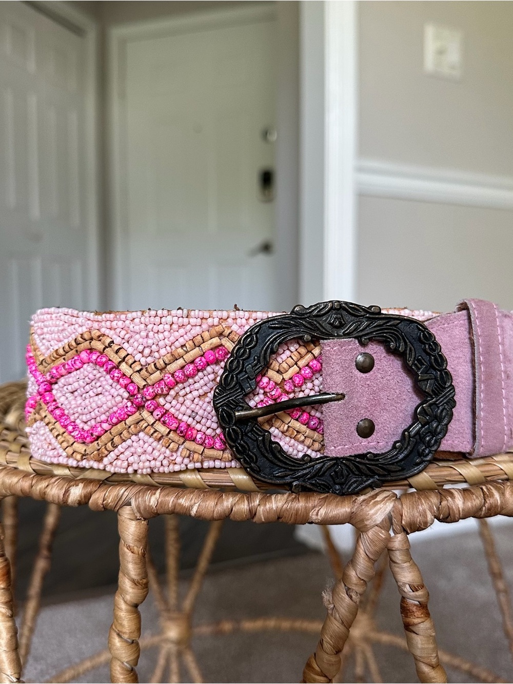 Pink Tan Beaded Braided Belt with Ornate Buckle Boho Women’s Western M